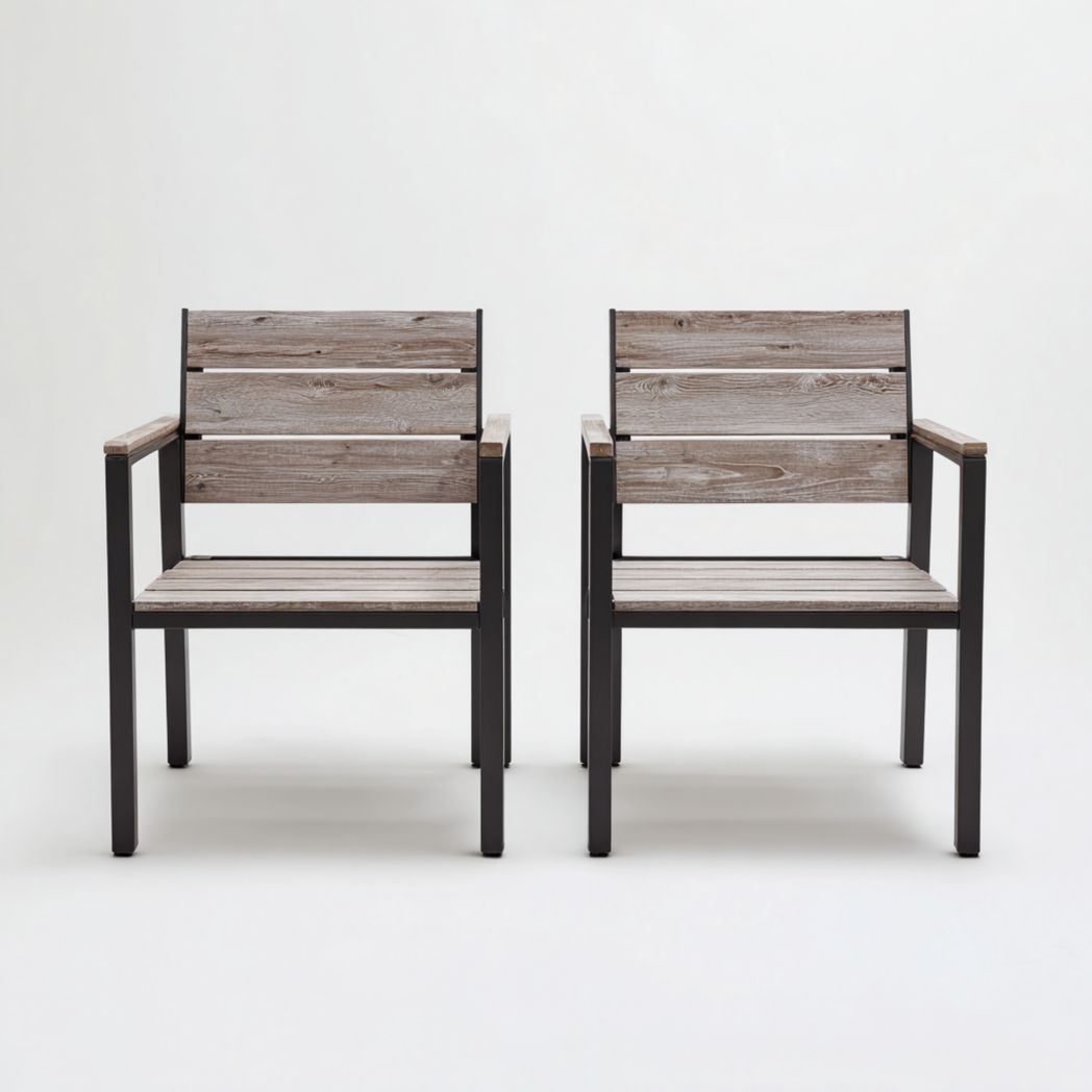 Ensemble de deux chaises de jardin en métal noir et bois gris clair