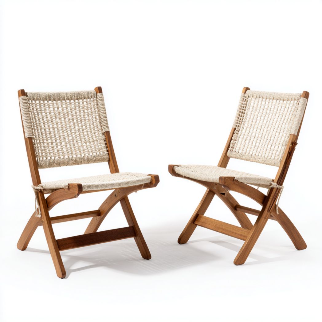 Deux chaises de jardin pliantes en teck avec corde tressée beige
