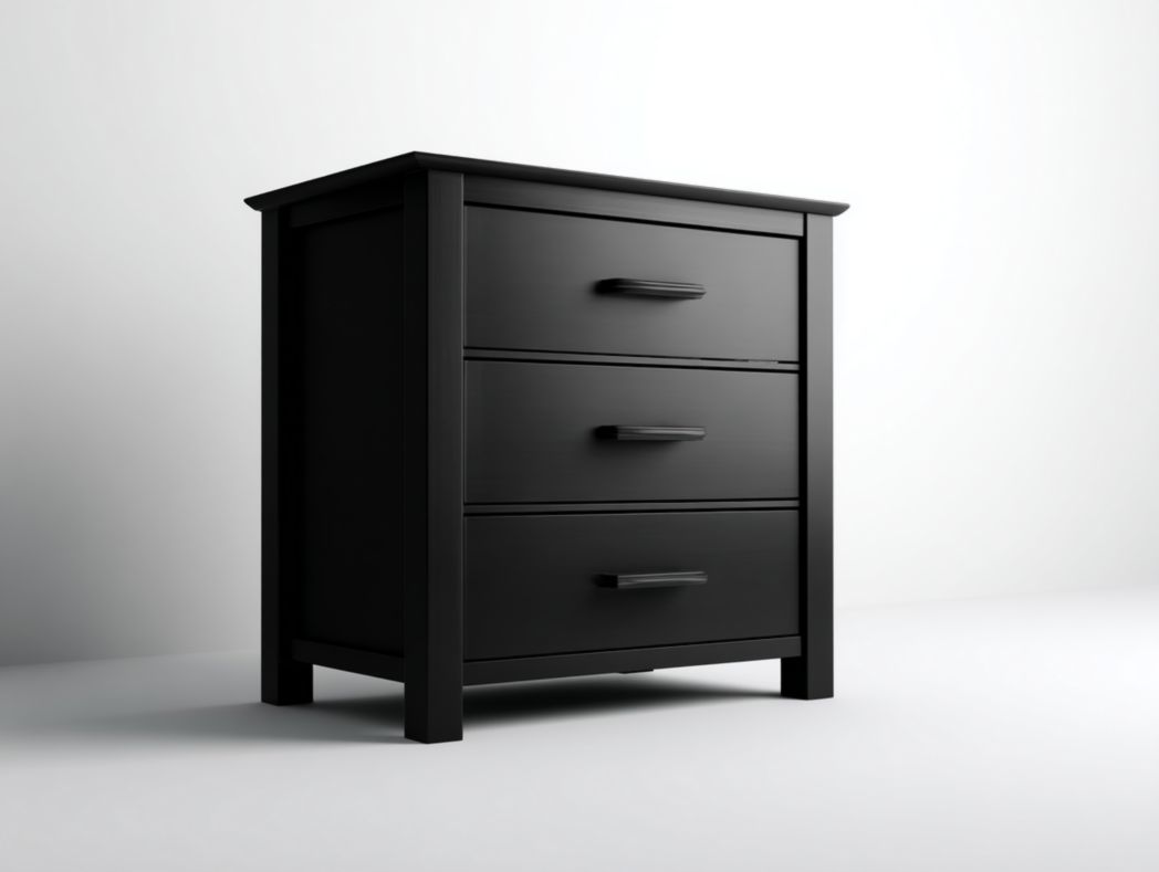 Commode en bois noir avec trois tiroirs et poignées en métal noir
