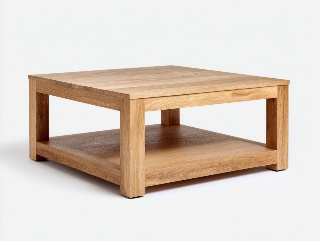 Table basse carrée en bois massif marron clair avec étagère de rangement inférieure