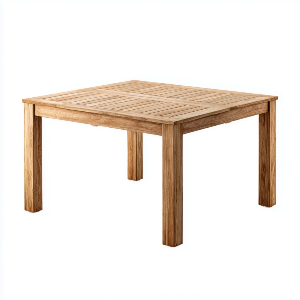 Table de jardin carrée en bois marron clair avec plateau à lattes et pieds droits