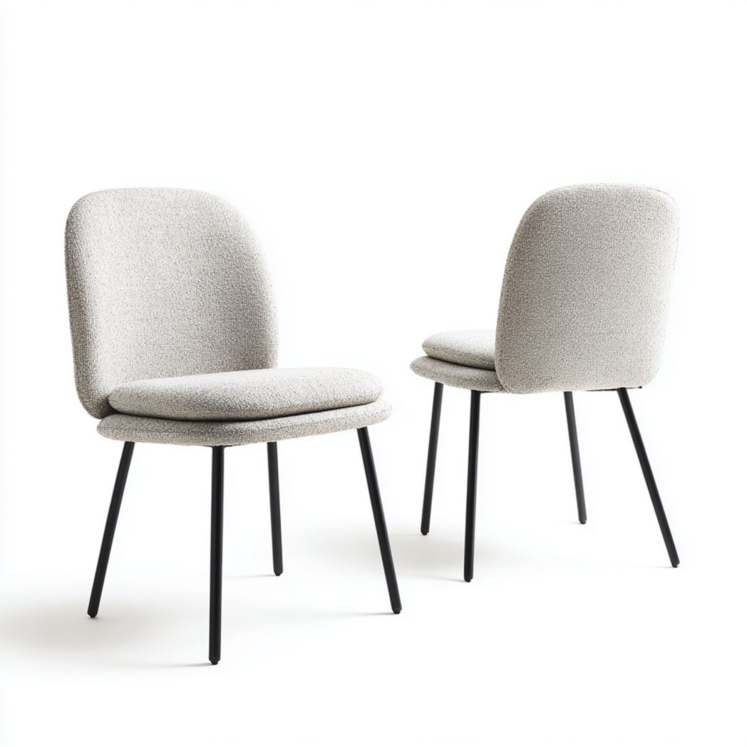 Ensemble de deux chaises de salle à manger, tissu beige, pieds en métal noir