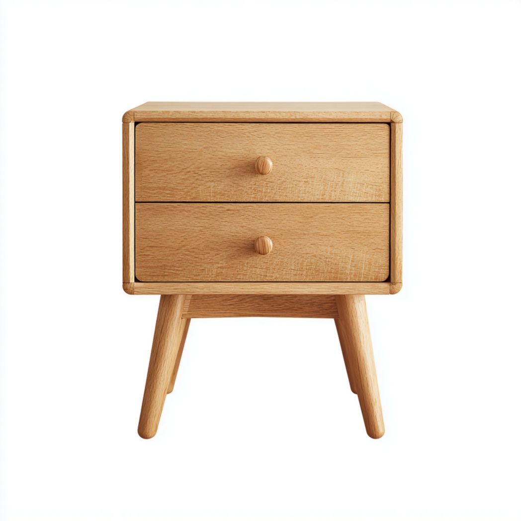 Table de chevet en bois marron clair avec deux tiroirs et poignées assorties