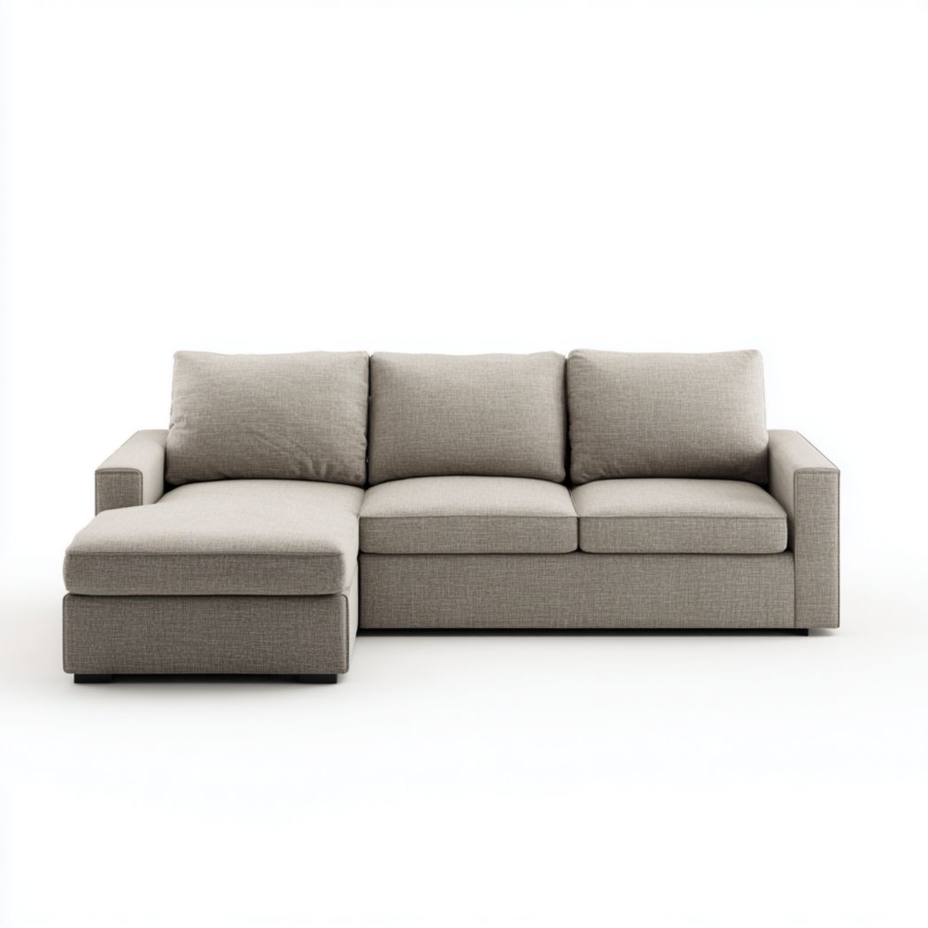 Canapé d'angle en tissu gris clair avec pieds noirs