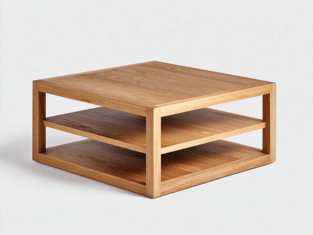 Table basse carrée ouverte à deux niveaux en bois massif marron clair