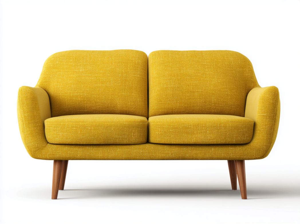 Canapé en tissu jaune avec pieds en bois marron clair