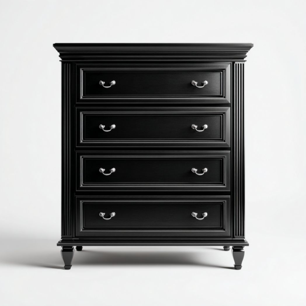Commode en bois noir avec quatre tiroirs et poignées en métal argenté