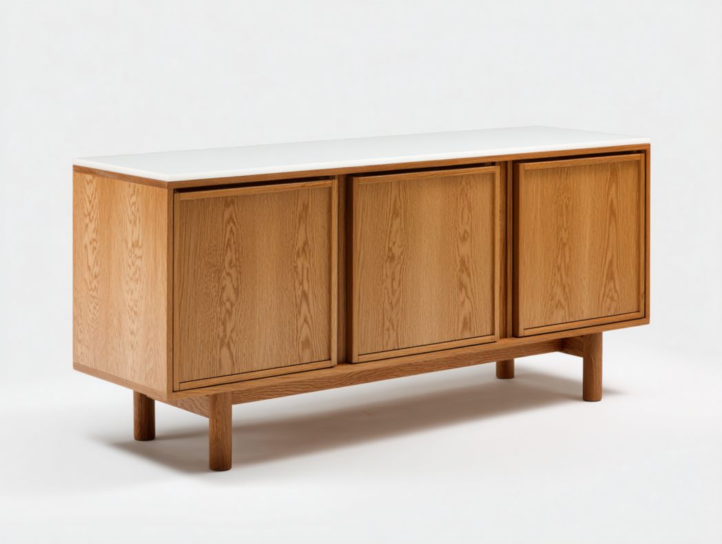 Meuble TV en bois marron clair avec plan de travail blanc