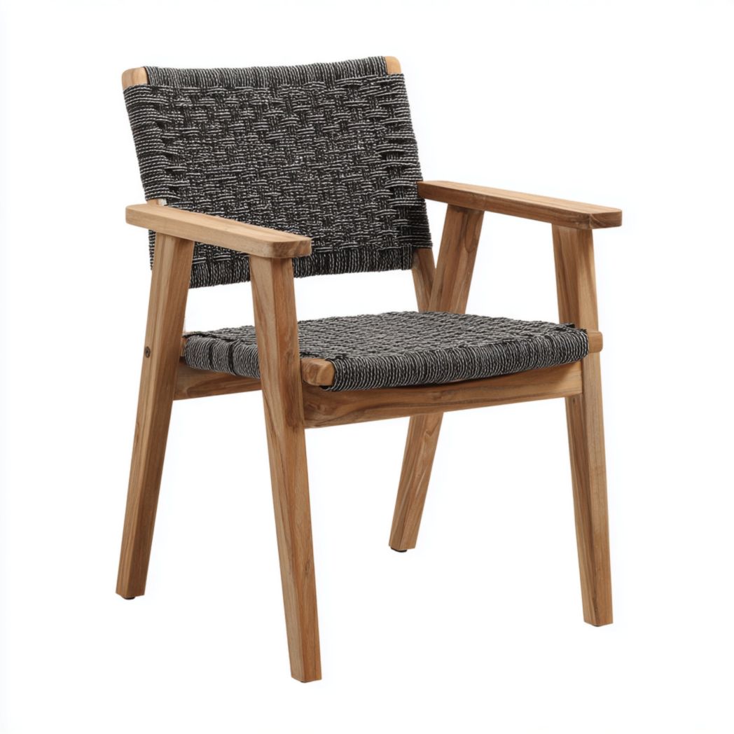 Chaise de jardin avec accoudoirs, bois marron clair et corde tressée gris foncé