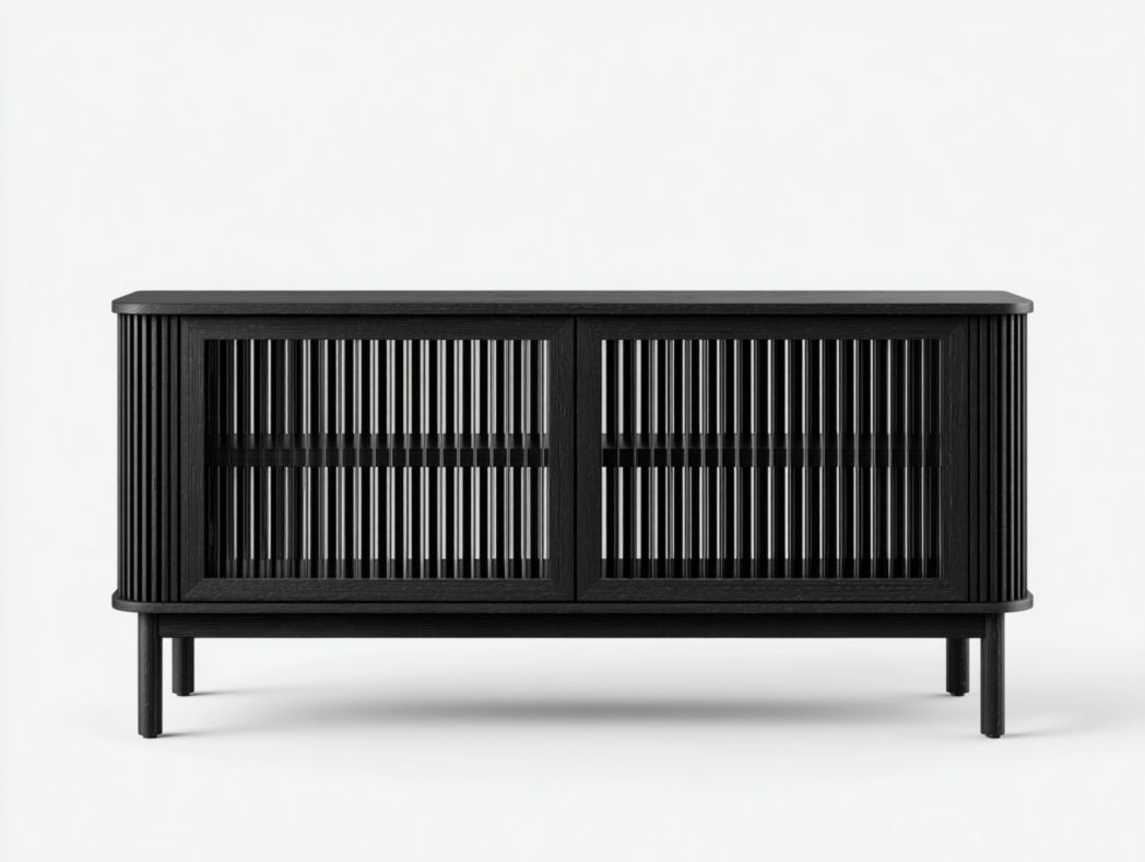 Meuble TV en bois noir avec portes coulissantes à lattes