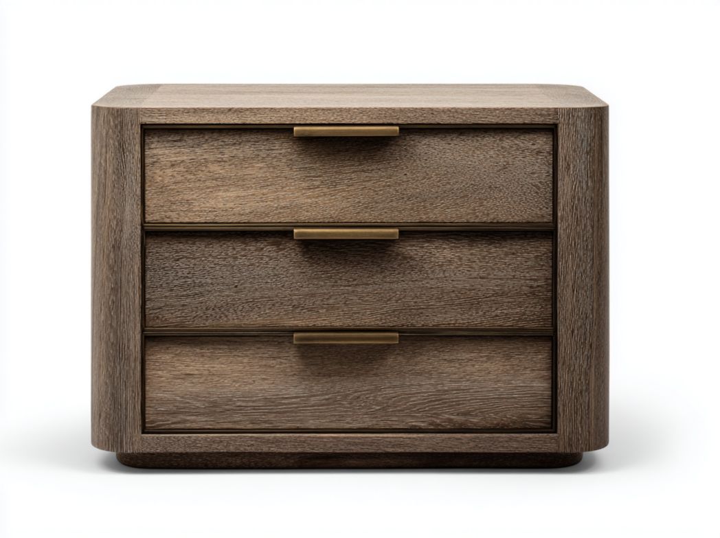 Commode en bois marron foncé avec trois tiroirs et poignées en métal doré