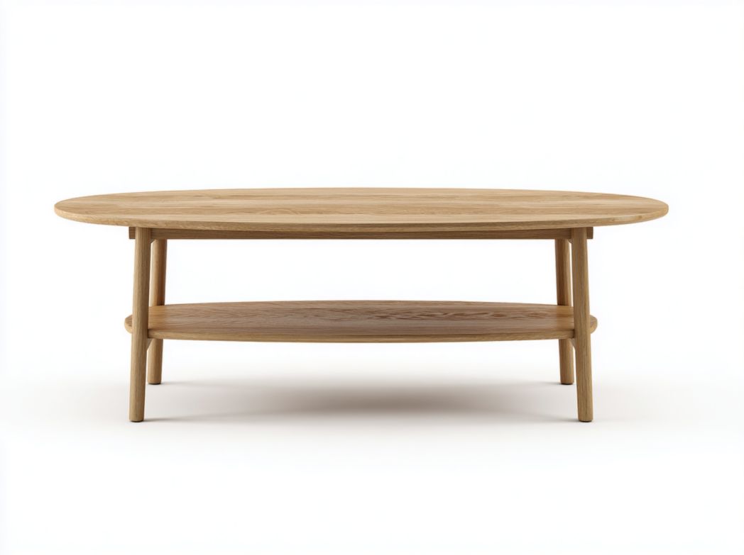 Table basse ovale en bois massif marron clair avec étagère inférieure