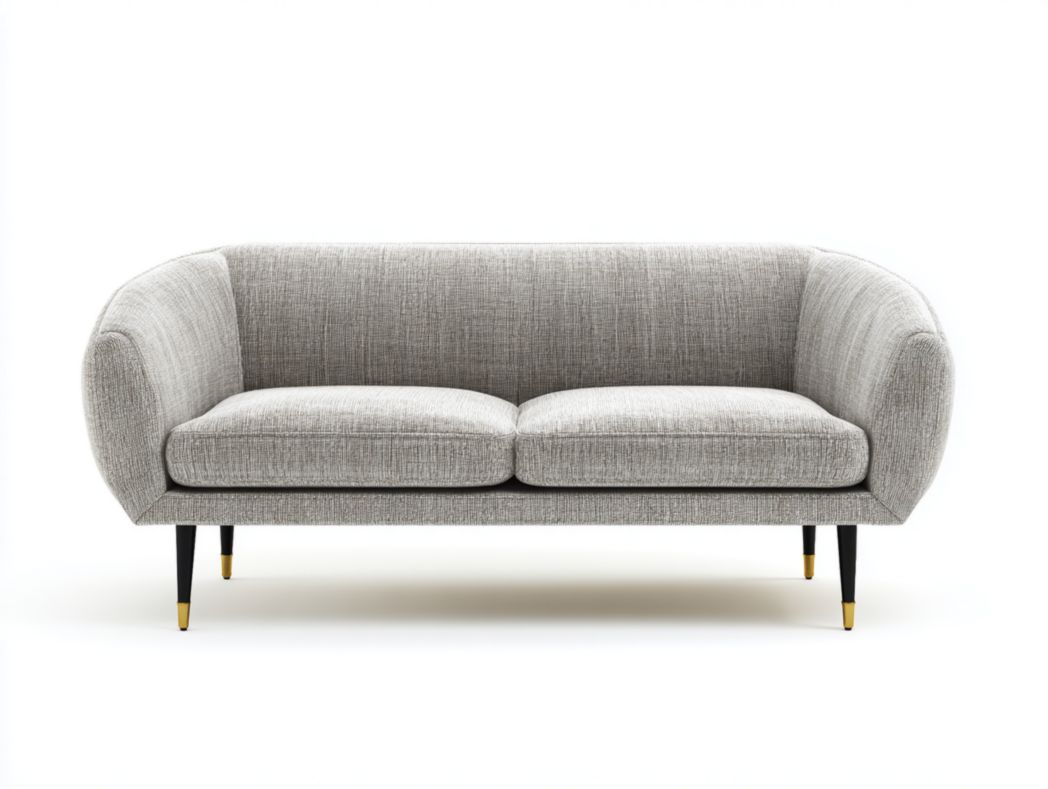 Canapé en tissu gris clair avec pieds en bois marron clair et revêtement en velours