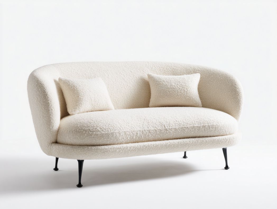 Canapé en tissu marron avec pieds en métal noir et 2 coussins