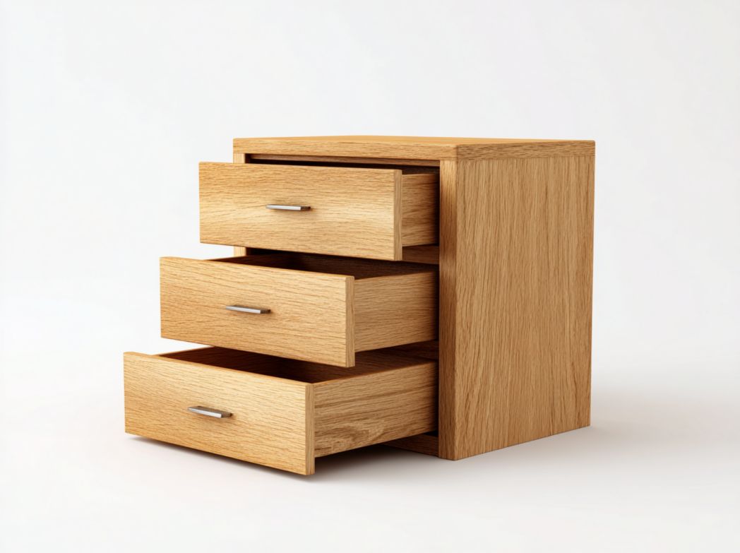 Commode en bois marron clair avec trois tiroirs, poignées en métal argenté et pieds en métal blanc