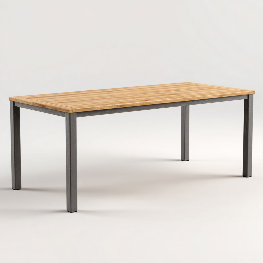 Table de jardin rectangulaire marron clair avec plateau en bois et pieds en métal gris foncé