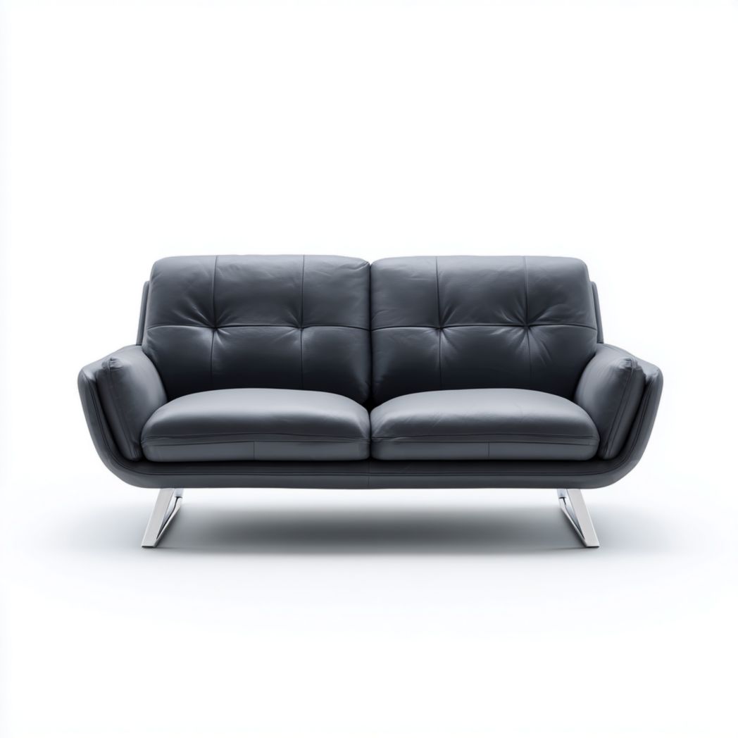 Causeuse en cuir synthétique bleu-gris foncé avec pieds en métal argenté