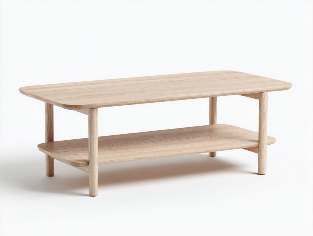 Table basse rectangulaire en bois massif beige clair | Double plateau | Bords arrondis