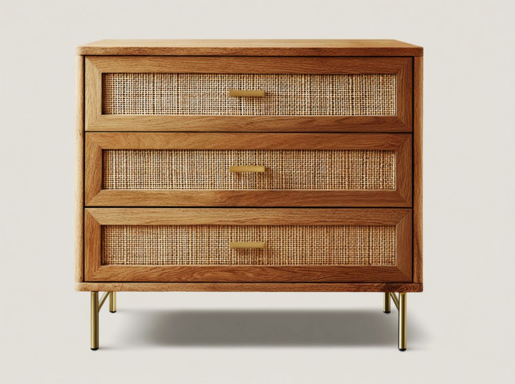 commode en bois marron avec trois tiroirs en rotin et pieds dorés