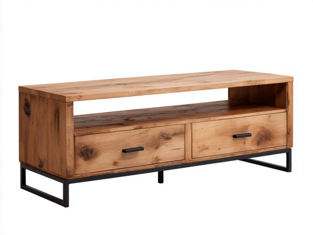 Meuble TV en bois marron clair avec pieds et poignées noirs