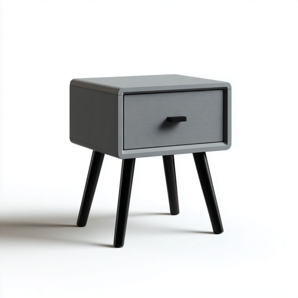 Table de chevet gris foncé avec tiroirs et pieds fuselés noirs