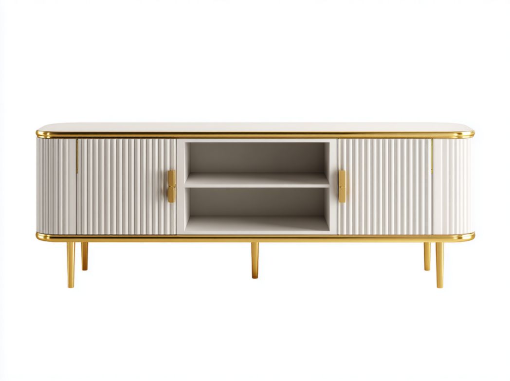 Meuble TV en métal blanc cassé avec pieds et poignées dorés