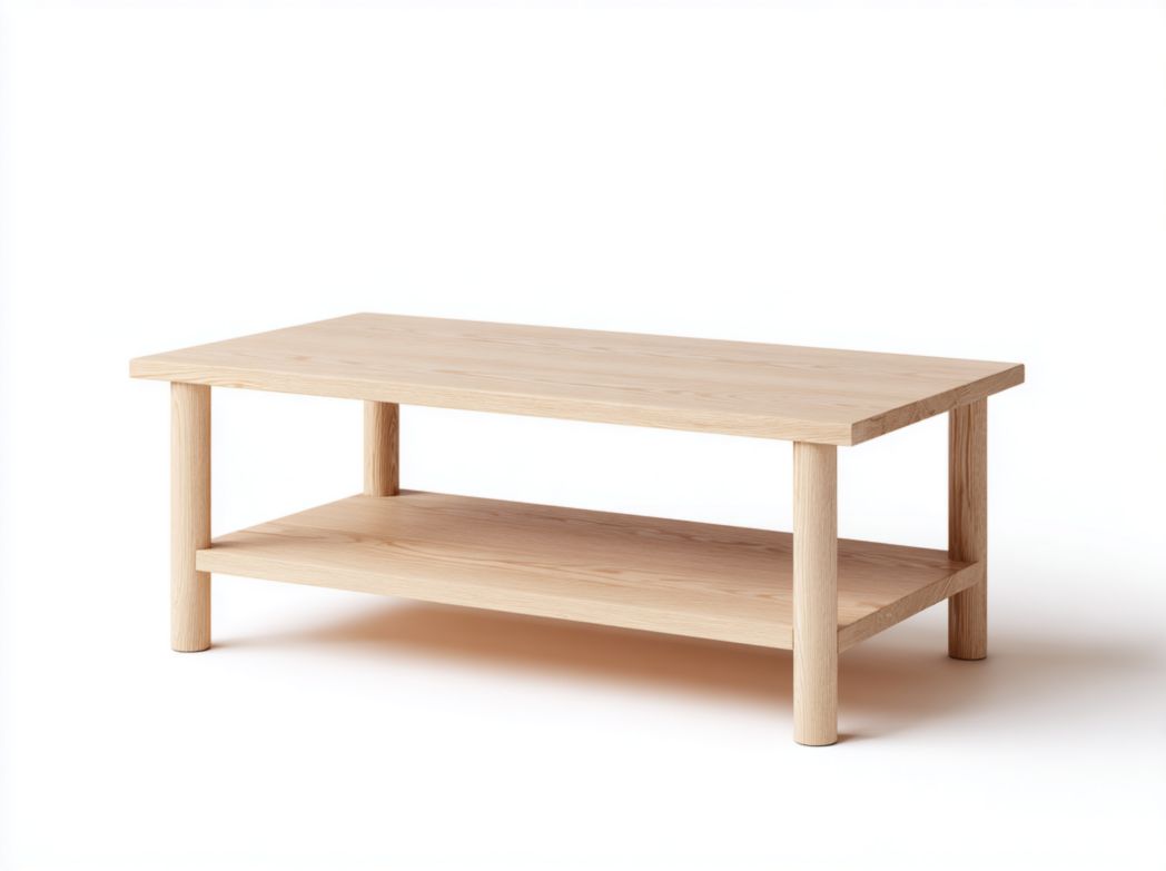 Table basse rectangulaire en bois massif beige clair avec étagère inférieure
