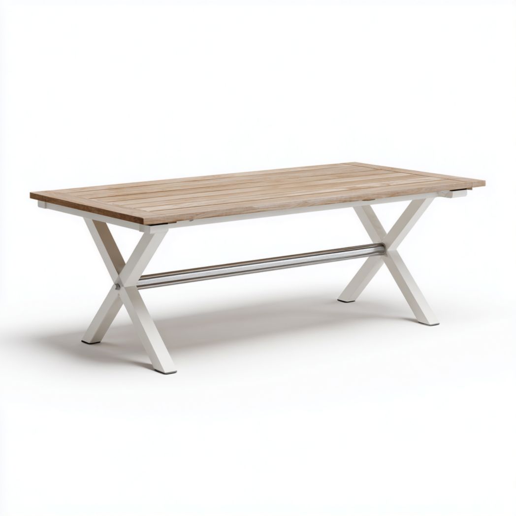 Table de jardin rectangulaire avec plateau en bois marron clair et pieds croisés en métal blanc