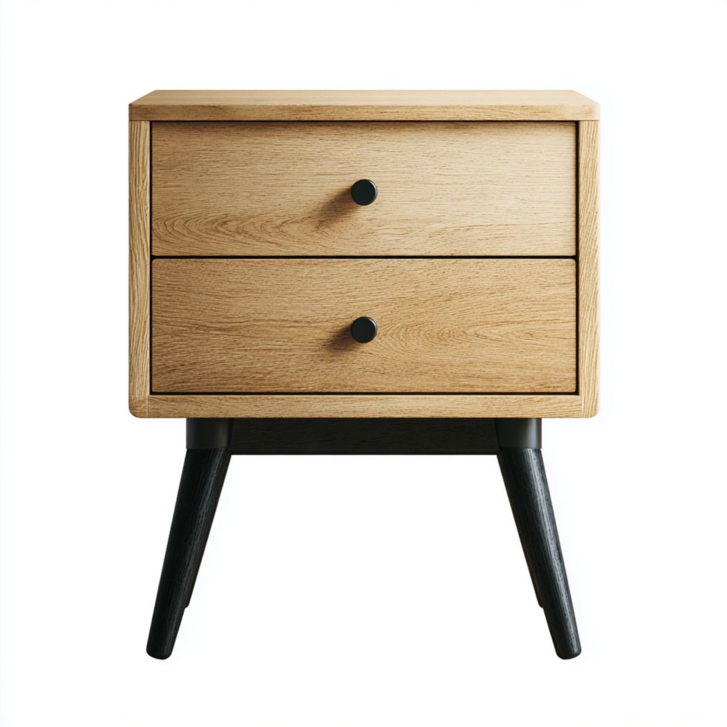 Table de chevet marron clair avec deux tiroirs et pieds noirs