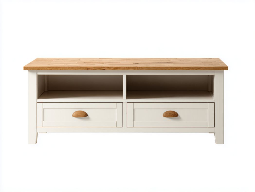 Meuble TV en bois blanc cassé avec plan de travail marron clair