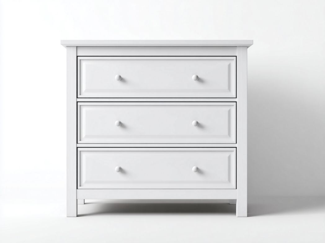 Commode en bois blanc avec trois tiroirs et poignées en bois