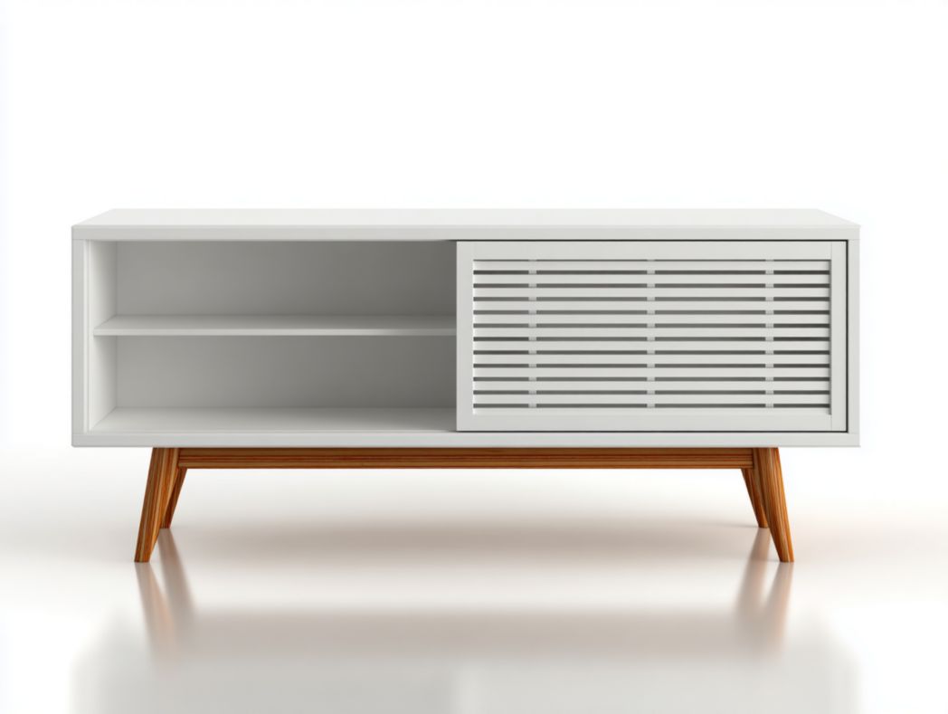 Meuble TV blanc avec portes coulissantes et étagères ouvertes