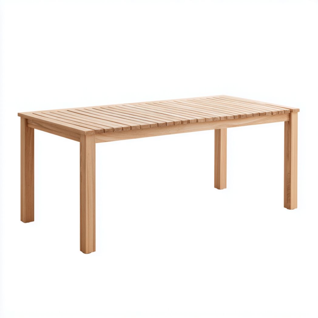 Table de jardin rectangulaire en bois marron clair avec plateau à lattes et pieds droits