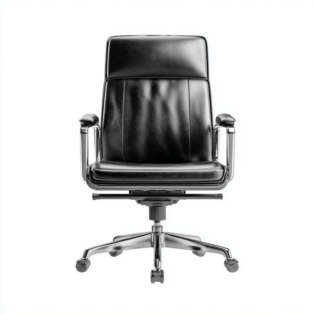 Chaise de bureau pivotante en cuir noir avec base en métal argenté