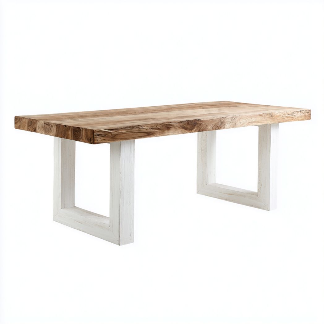 Table à manger rectangulaire en bois massif avec plateau marron clair et base blanche