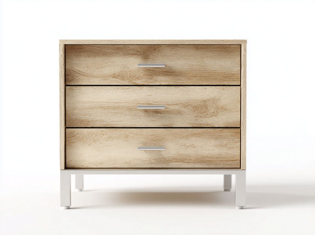 Commode en bois marron clair avec trois tiroirs, base blanche et poignées argentées