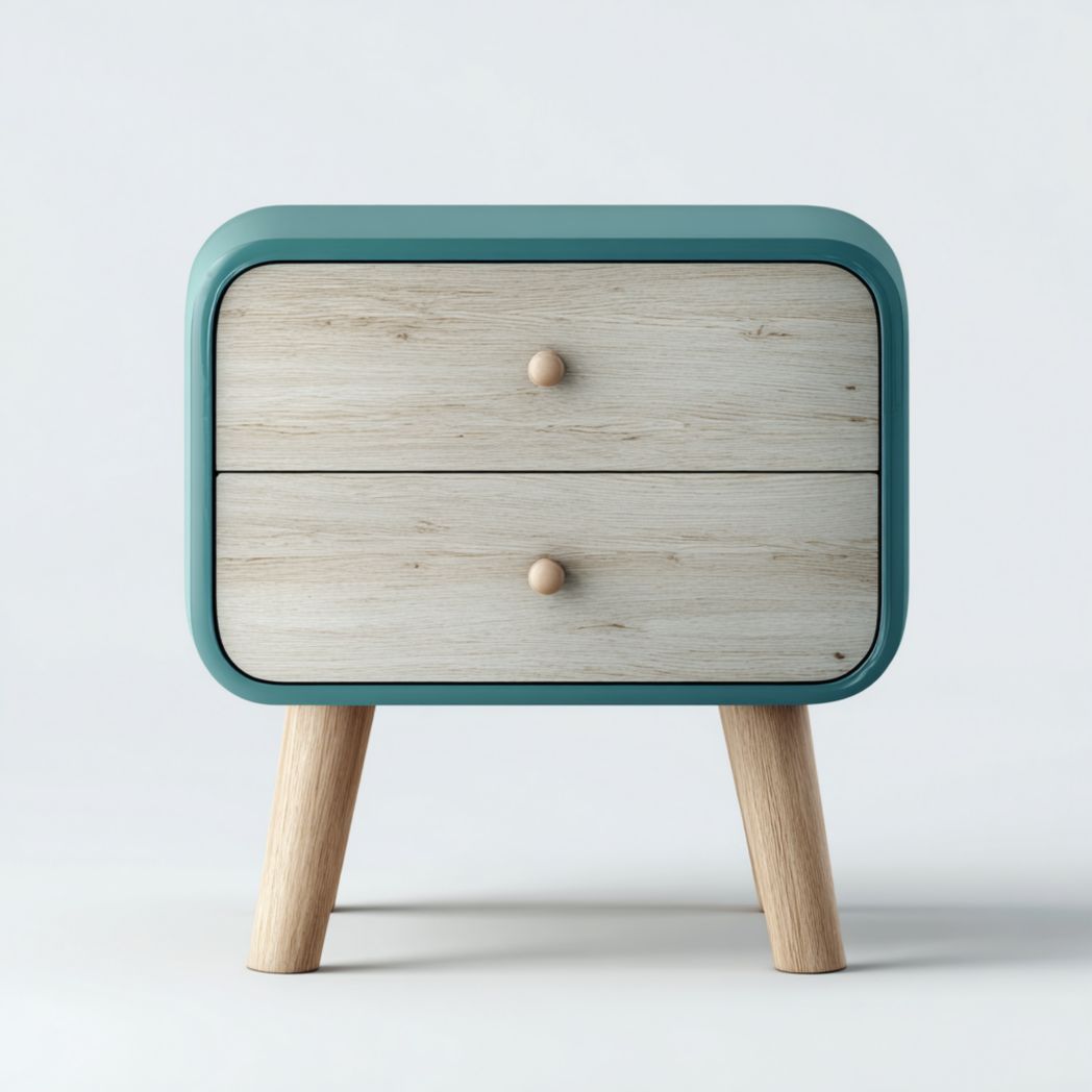 La table de chevet présente un bord turquoise et deux tiroirs en bois marron clair