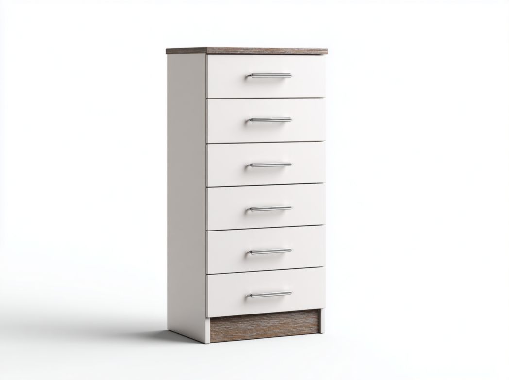 Commode haute blanche à six tiroirs, plateau en bois marron et poignées en métal argenté
