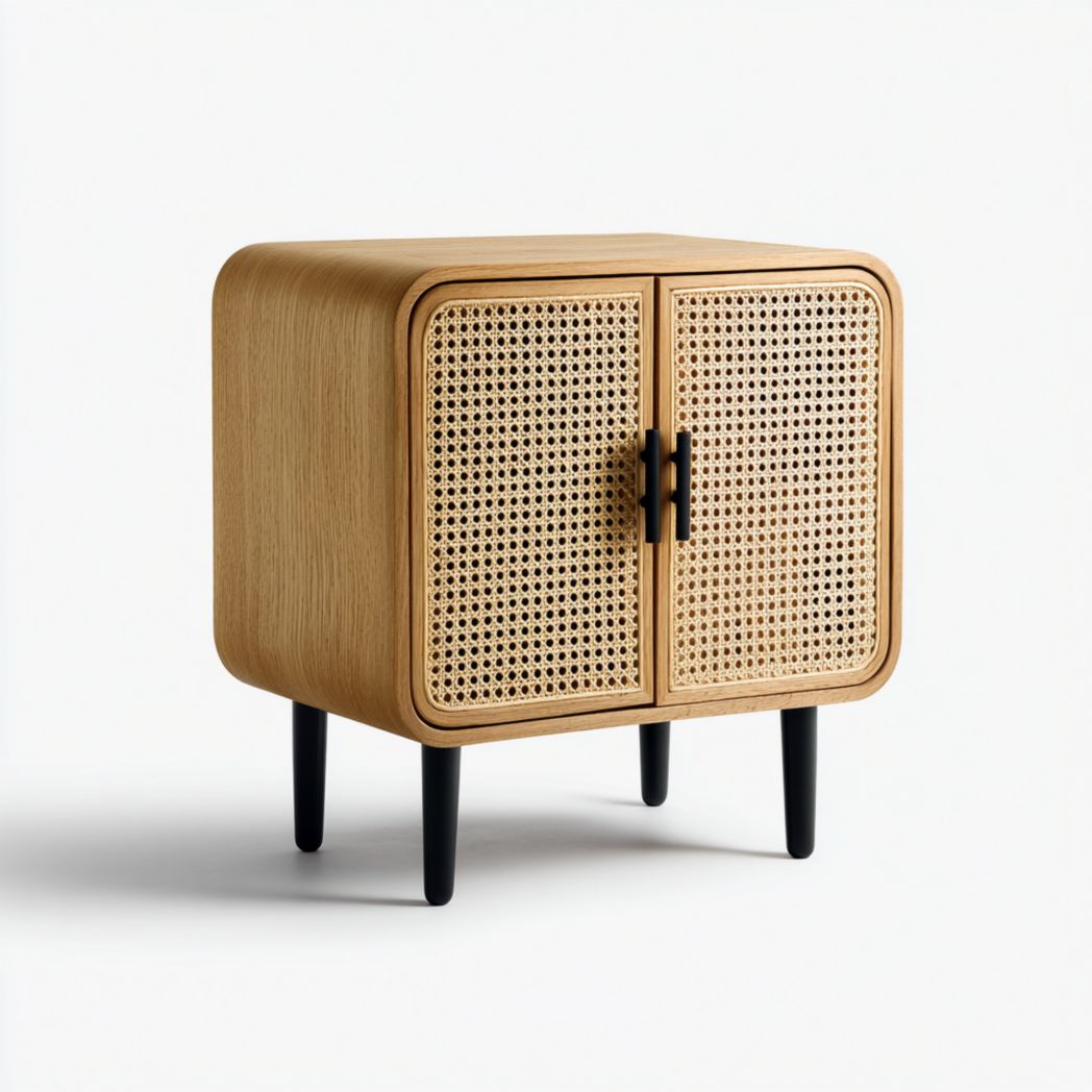 Table de chevet marron clair en bois massif et rotin avec poignées noires