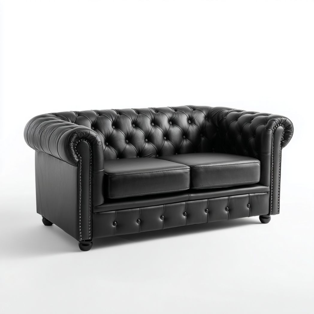 Causeuse en cuir synthétique noir avec pieds en bois noir