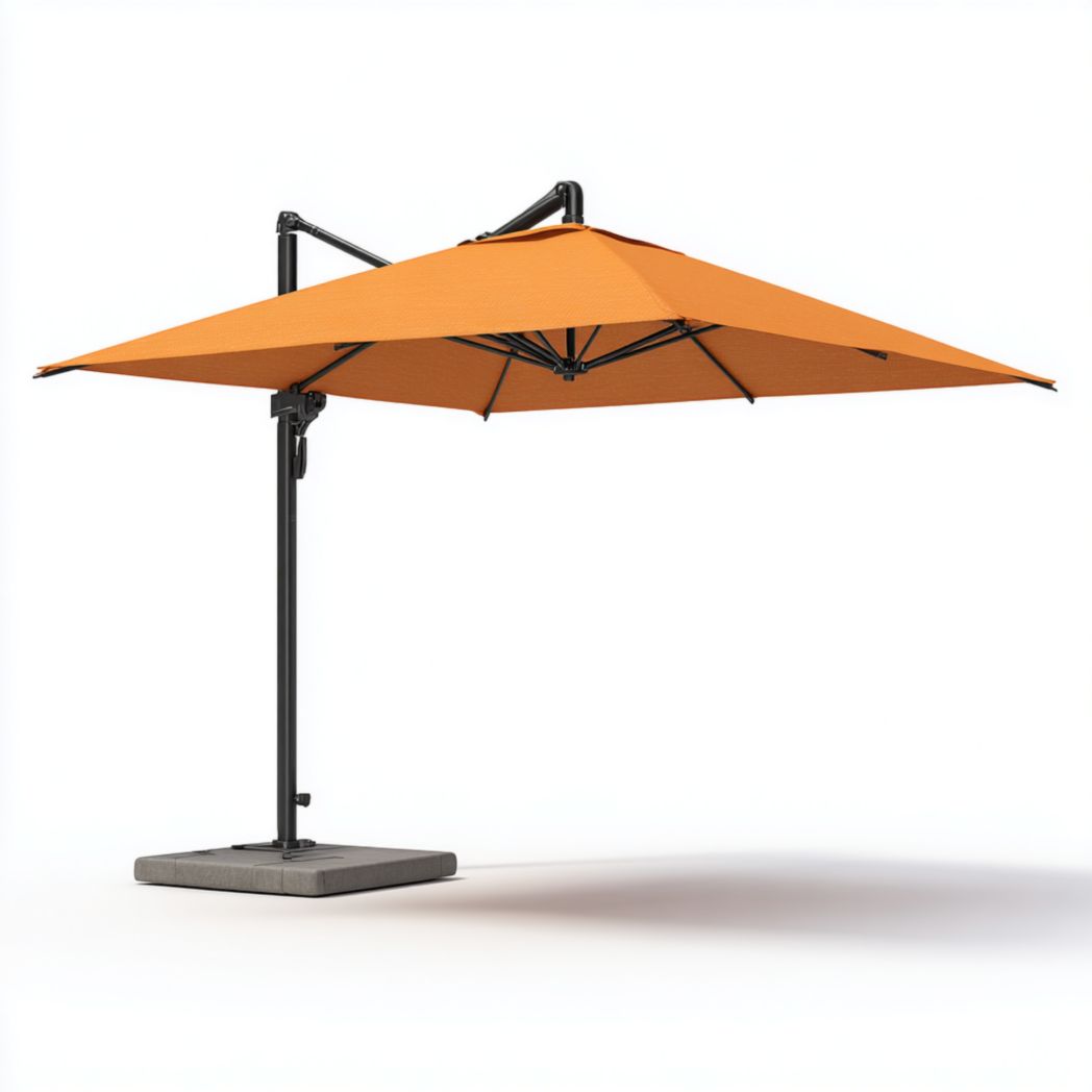 Parasol suspendu orange avec cadre noir et base grise