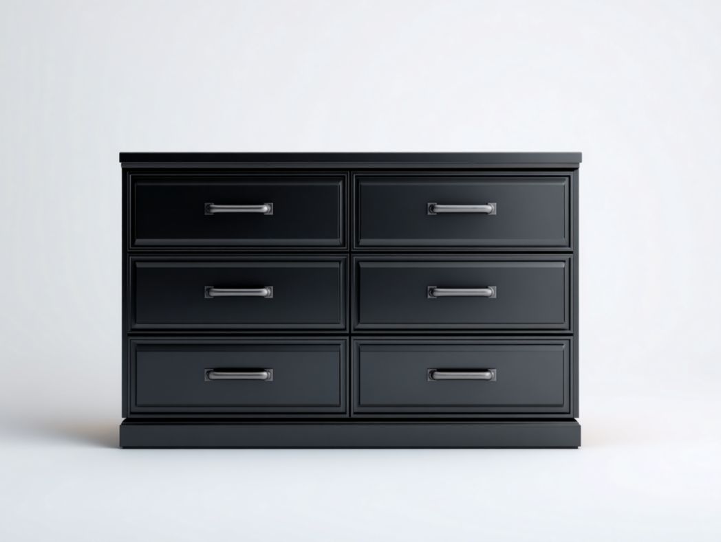 Commode en bois noir avec six tiroirs et poignées en métal gris foncé