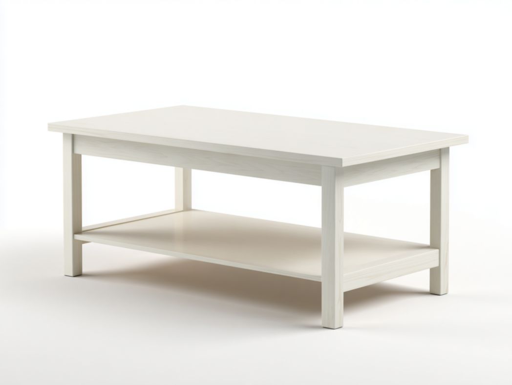 Table basse rectangulaire en bois massif blanc cassé avec étagère inférieure