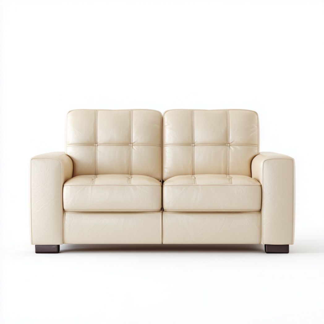 Canapé deux places en cuir synthétique beige avec pieds en bois marron foncé