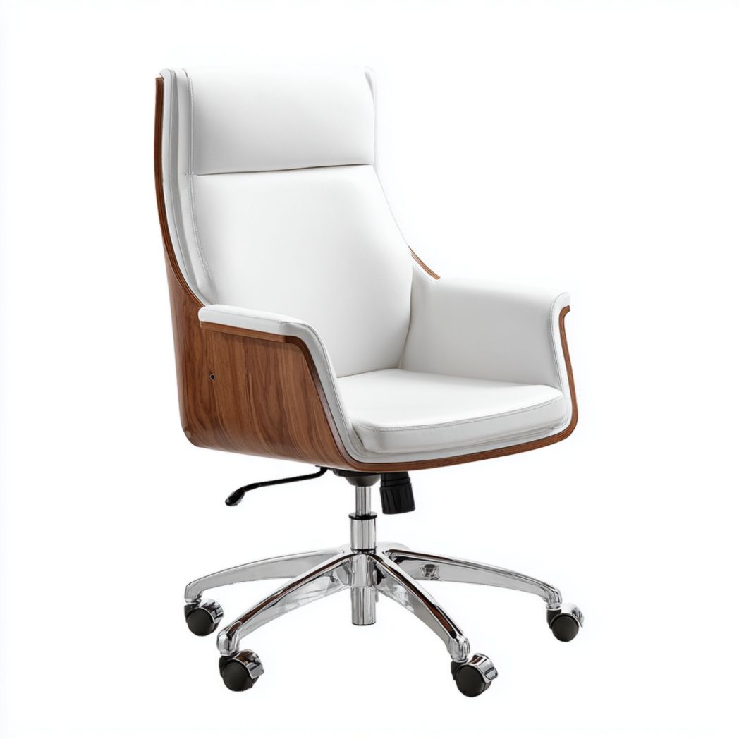 Chaise de bureau pivotante à dossier haut, cuir blanc, coque marron, piètement en métal argenté