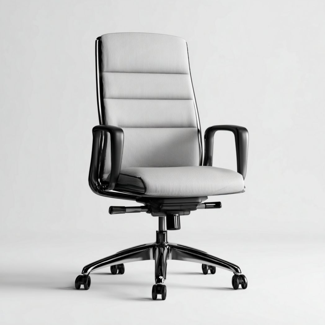 Chaise de bureau pivotante à dossier haut en tissu gris avec base noire