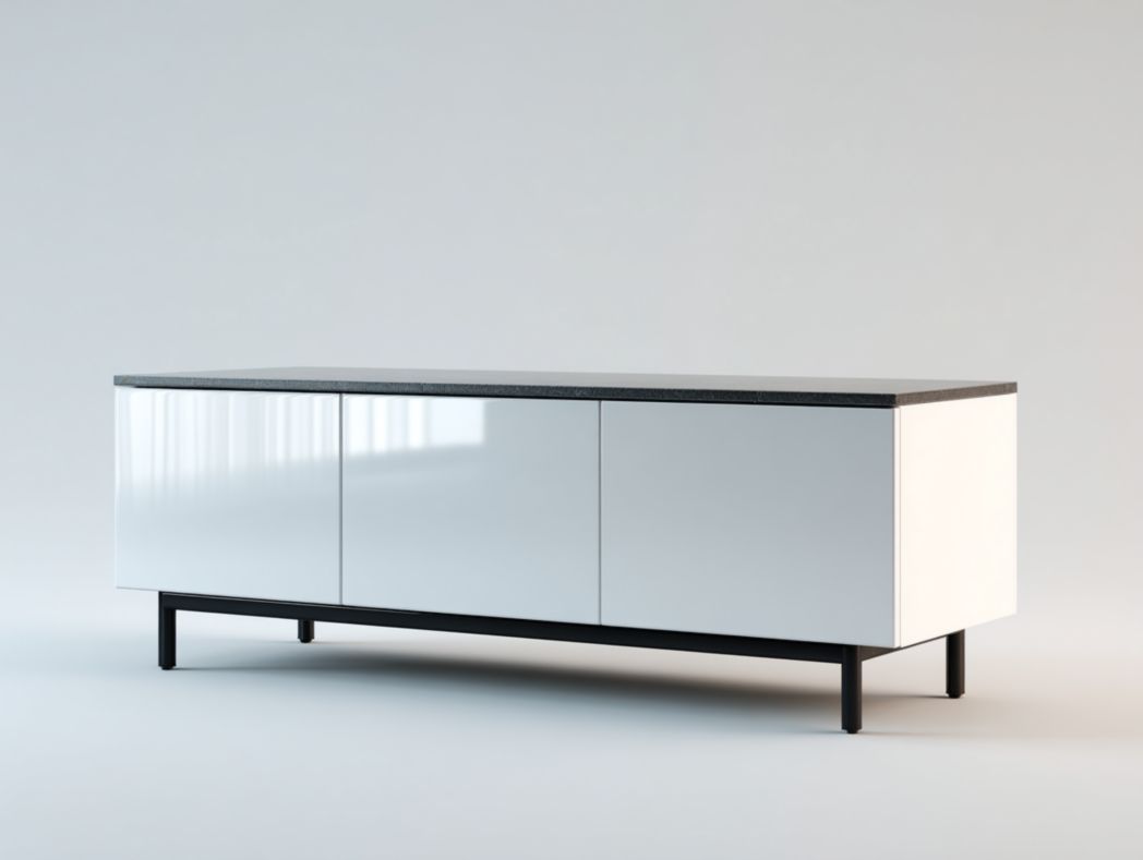 Meuble TV blanc avec plateau noir et pieds en métal