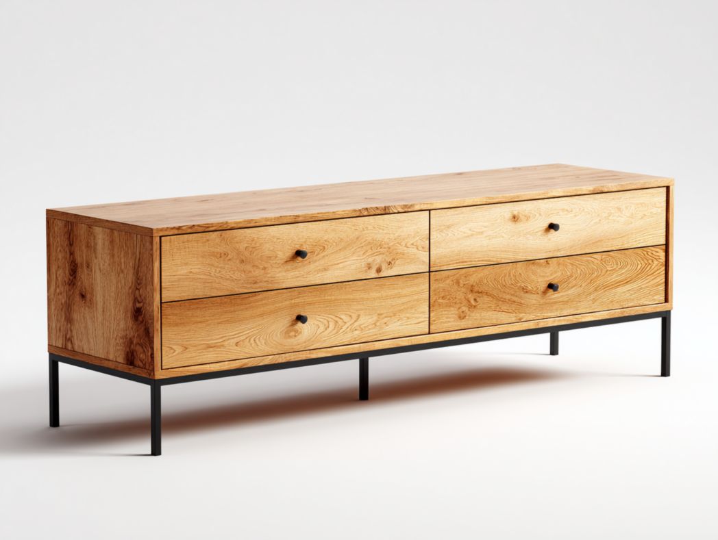 Meuble TV en bois massif marron clair avec cadre en métal noir et quatre tiroirs