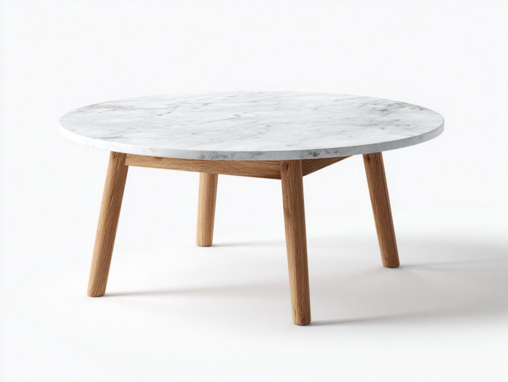 Table basse ronde en marbre blanc avec base en bois massif