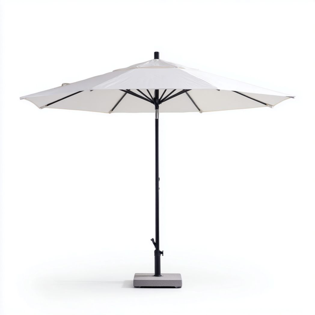 Parasol droit blanc avec cadre noir et base carrée grise